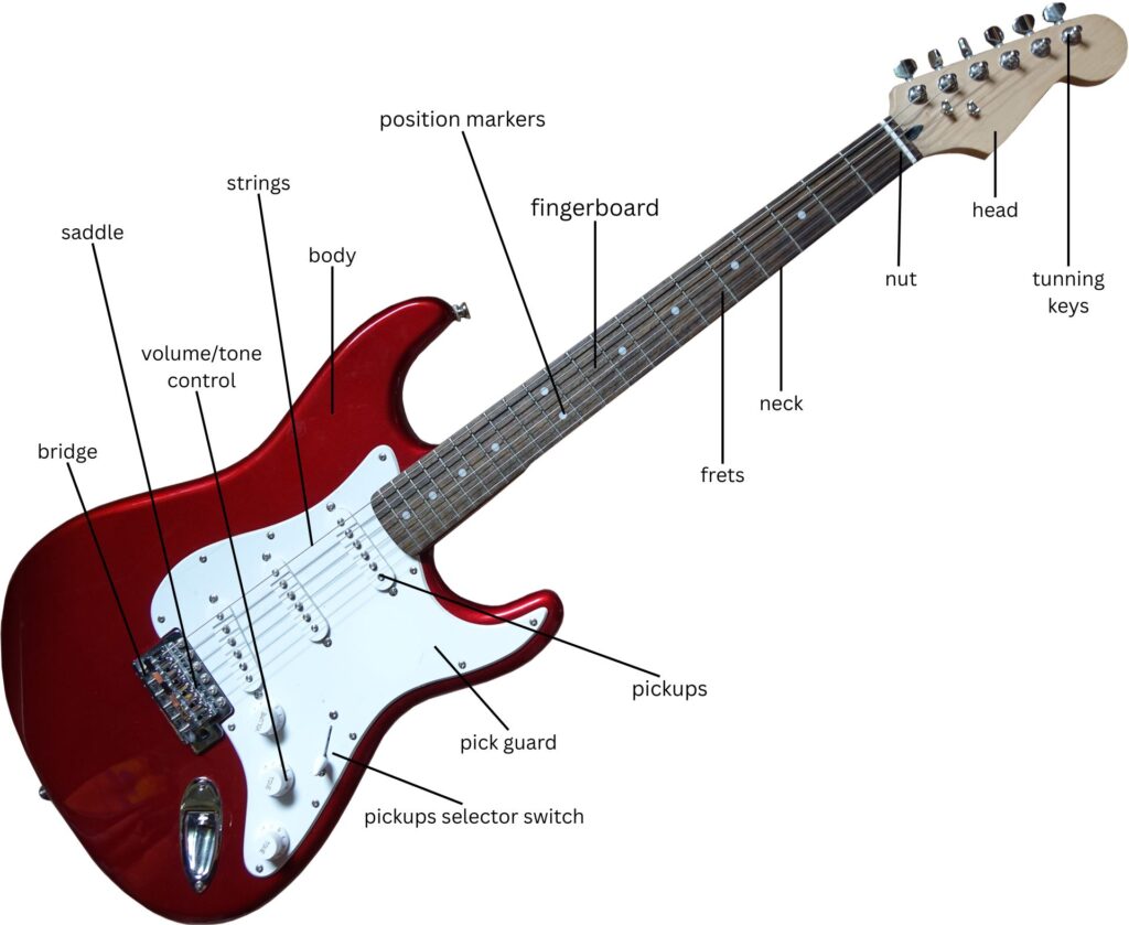 Fender-style guitar diagram with labeled parts showing where each guitar component is located