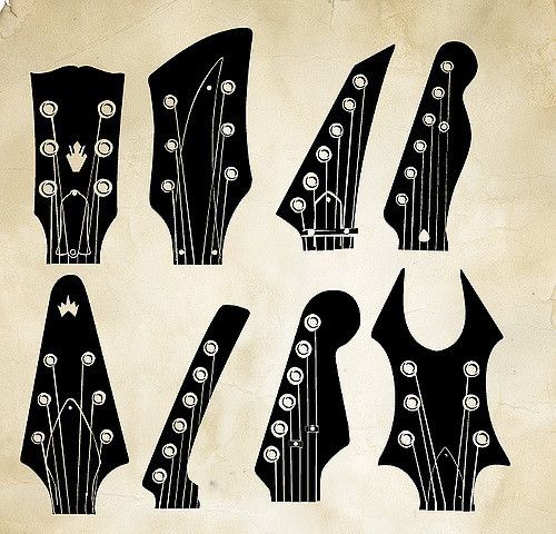 Schematic diagram of several guitar headstocks