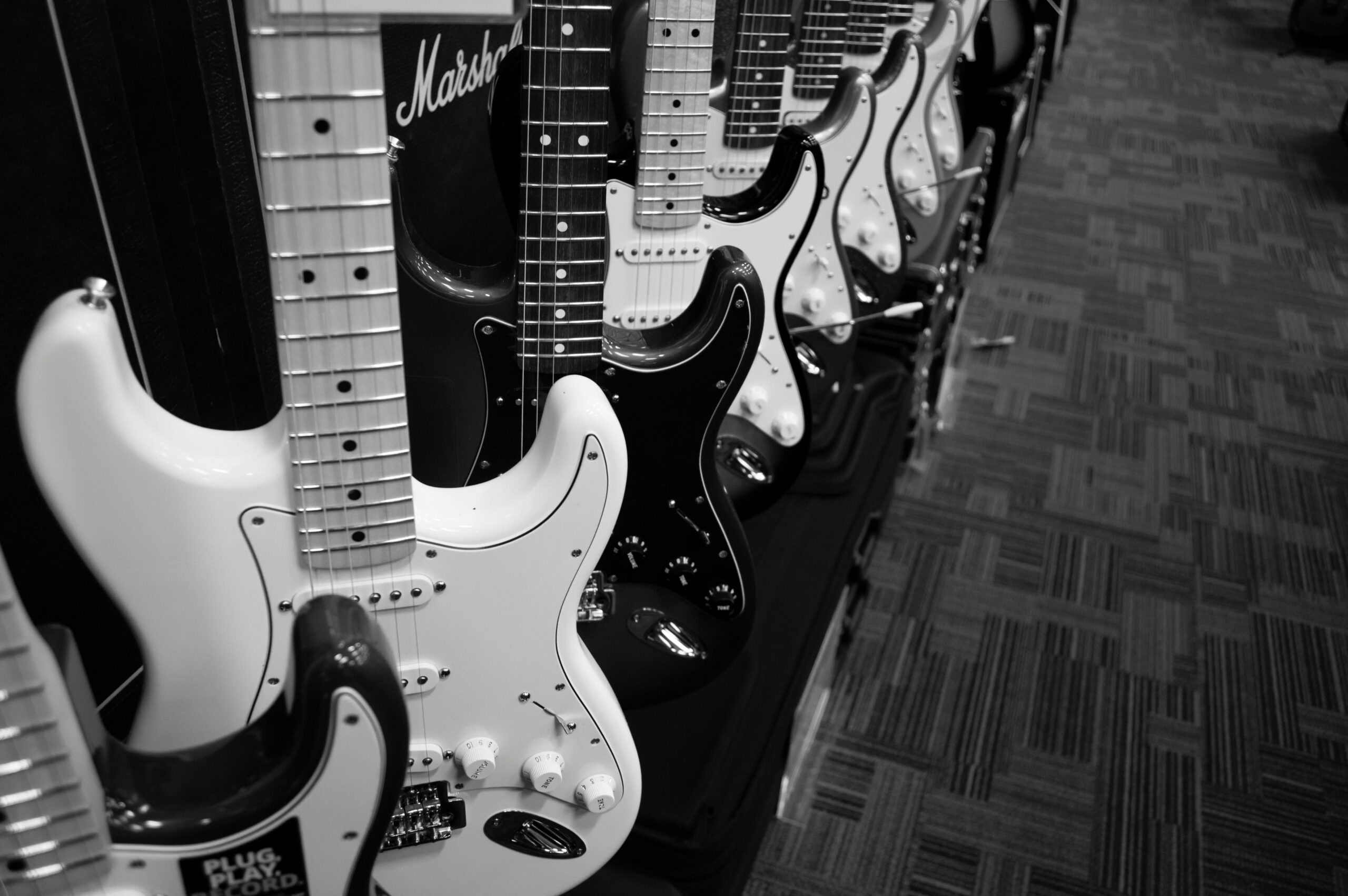 Electric guitars in black and white on guitar stands