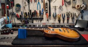 Guitar on a setup table